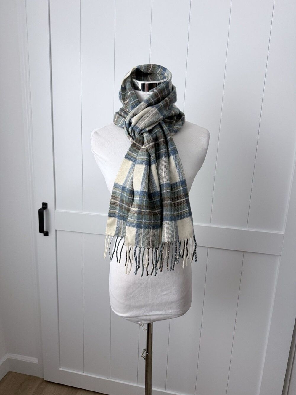 VTG 90s Y2K Glen Prince Scotland New Lambswool Scarf Blue Tan Plaid Quiet Luxury